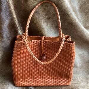 Vintage Leather Lattice Weave Top Handle Crossbody Tote Handbag
